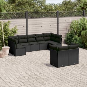 vidaXL 9-delige Loungeset met kussens poly rattan zwart