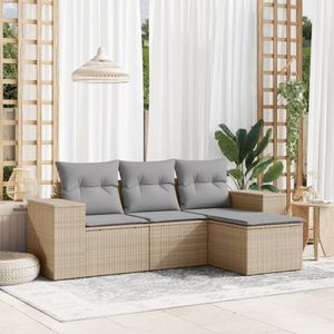 vidaXL 4-delige Loungeset met kussens poly rattan beige