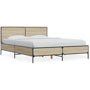 vidaXL Bedframe bewerkt hout metaal sonoma eikenkleurig 90x190 cm