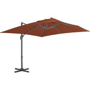 <p>Deze elegante hangende parasol is de perfecte keuze om wat schaduw te creëren en jezelf te beschermen tegen schadelijke uv-straling. Het parasoldoek is gemaakt van uv-beschermend en anti-vervagend polyester, waardoor het optimale bescherming biedt tegen de zon en gemakkelijk schoon te maken is.</p>
<p>De parasol heeft een stevige kruisvoet voor extra stabiliteit. Je kunt de parasol eenvoudig openen en sluiten door aan de slinger op de paal te draaien. De hoek van het doek kan worden aangepast door de slinger op en neer te duwen en te trekken. Daarnaast kan de middenpaal ook in 360 graden worden gedraaid met behulp van het pedaal.</p>
<p>De sterke gepoedercoat aluminium paal, samen met de 8 duurzame baleinen, maken deze parasol zeer stabiel en duurzaam. Let op, wij adviseren om het doek te behandelen met een waterdichtmakende spray als het wordt blootgesteld aan zware regenval.</p>
<ul>
  <li>Kleur doek: terracotta</li>
  <li>Materiaal: stof met een PA-coating en gepoedercoat aluminium</li>
  <li>Totale afmetingen: 400 x 300 x 268 cm (L x B x H)</li>
  <li>Afmetingen kruisvoet: 100 x 100 cm (L x B)</li>
  <li>Met luchtventilatie en zwengelsysteem</li>
  <li>Kantelbaar en 360 graden draaibaar</li>
  <li>Inclusief 8 aluminium baleinen</li>
</ul>