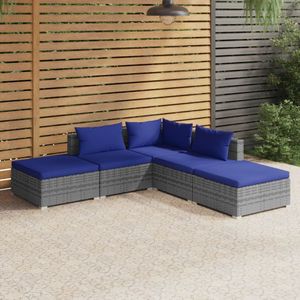 VidaXL 5-delige Loungeset met Kussens - Poly Rattan Grijs