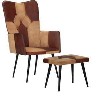 vidaXL Fauteuil met voetensteun echt leer en canvas bruin