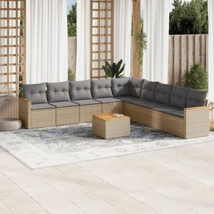 vidaXL 10-delige Loungeset met kussens poly rattan beige