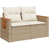 vidaXL Tuinbank 2-zits met kussens poly rattan beige