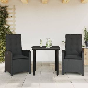 vidaXL 3-delige Tuinset met kussens poly rattan zwart