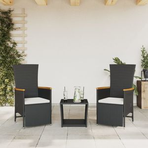 vidaXL 3-delige Tuinset met kussens poly rattan zwart