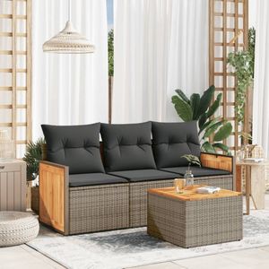 vidaXL 4-delige Loungeset met kussens poly rattan grijs