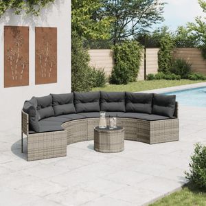 vidaXL Tuinbank met tafel en kussens halfrond poly rattan grijs