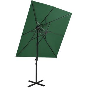 <p>Deze parasol is de perfecte keuze om schaduw te creëren en jezelf te beschermen tegen schadelijke uv-straling. Het parasoldoek is gemaakt van uv-beschermend en anti-vervagend polyester, waardoor het optimale bescherming biedt en gemakkelijk schoon te maken is.</p>
<p>De parasol heeft een stevige kruisvoet die zorgt voor stabiliteit. Het exclusieve ontwerp maakt het mogelijk om de parasol te kantelen en 360 graden te draaien, zodat je de zon kunt blokkeren.</p>
<p>De sterke aluminium paal en de 8 baleinen maken de parasol zeer stabiel en duurzaam. Dankzij het zwengelmechanisme kan de parasol eenvoudig geopend en gesloten worden. Het dubbele dak zorgt voor extra ventilatie.</p>
<p>Let op: wij adviseren om het doek te behandelen met een waterdichtmakende spray als het wordt blootgesteld aan zware regenval.</p>
<ul>
  <li>Kleur: groen</li>
  <li>Materiaal: stof met PA-coating en aluminium</li>
  <li>Totale afmetingen: 250 x 250 x 253 cm (L x B x H)</li>
  <li>Afmetingen kruisvoet: 100 x 100 cm (L x B)</li>
  <li>Met luchtventilatie en zwengelsysteem</li>
  <li>Kantelbaar en 360 graden draaibaar</li>
  <li>Inclusief 8 aluminium baleinen</li>
  <li>Met dubbel dak</li>
  <li>Montage vereist</li>
</ul>