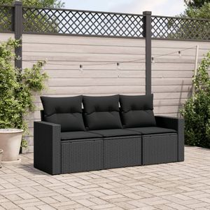 vidaXL 3-delige Loungeset met kussens poly rattan zwart