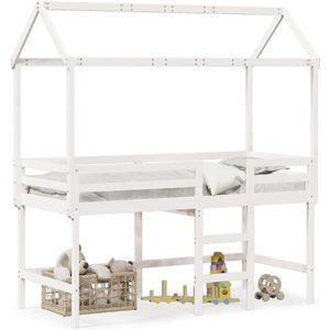 vidaXL Halfhoogslaper met ladder en bedhuis grenenhout wit 90x200 cm