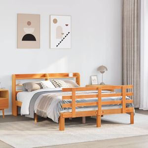 vidaXL - Bedframe - met - hoofdbord - massief - grenenhout - wasbruin - 135x190 - cm