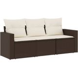 vidaXL 3-delige Loungeset met kussens poly rattan bruin