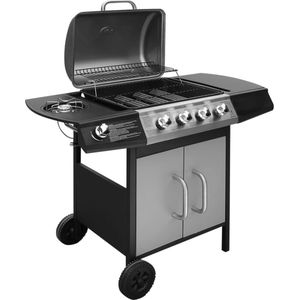 <p>Deze gasbarbecue is perfect voor het organiseren van een buitenfeest voor familie en vrienden. Met deze gas BBQ geniet je van een geweldige buiten-kookervaring en wordt je achtertuin in een handomdraai een tweede keuken! De gasbarbecue heeft een stijlvol en functioneel design.</p>
<p>Hij is uitgerust met 4 grote kookzones en 1 zij kookzone, waardoor je voldoende ruimte hebt om verschillende gerechten tegelijkertijd te bereiden. De robuuste kap heeft een ingebouwde thermometer die de kooktemperatuur nauwkeurig weergeeft.</p>
<p>Daarnaast biedt de zijtafel extra werkruimte voor het maken van sauzen en bijgerechten. De verwijderbare vetopvanger zorgt voor eenvoudige reiniging na gebruik. De gasbarbecue is gemaakt van duurzame materialen en het opbergkastje onder de barbecue biedt voldoende ruimte om BBQ gerei en andere kookspullen op te bergen.</p>
<p>Dankzij de 2 stevige zwenkwielen is de barbecue eenvoudig te verplaatsen naar de gewenste locatie. Om je barbecue te beschermen tegen regen en stof, wordt een afdekhoes meegeleverd.</p>
<p>Let op: Plaats NOOIT gasflessen in de opbergkast of onder de BBQ. Voor het aansluiten van een gasfles op de barbecue heb je een gasslang en een goede drukregelaar nodig, deze worden niet meegeleverd.</p>
<ul>
  <li>Kleur: zwart en zilver</li>
  <li>Materiaal: SPCC en roestvrij staal</li>
  <li>Totale afmetingen: 104 x 55,4 x 97,7 cm (L x B x H)</li>
  <li>Hoofdkookzone: 9,7 kW (27.200 BTU = 4 hoofd kookzones x 6.800 BTU elk)</li>
  <li>Zijkant kookzone: 2,5 kW (8.500 BTU)</li>
  <li>Grillplaat: 48,5 x 37,5 cm</li>
  <li>Kookhoogte: 82 cm</li>
  <li>Geschikt voor gastypes: LPG, butaan, propaan</li>
  <li>Elektronische ontsteking</li>
  <li>Geïntegreerde thermometer voor accurate temperatuurweergave</li>
  <li>Verwijderbare vetopvanger, eenvoudig schoon te maken</li>
  <li>Een ruime opbergkast voor het opbergen van accessoires</li>
  <li>Stevige zwenkwielen voor meer mobiliteit</li>
  <li>Inclusief een barbecuehoes om de gasbarbecue te beschermen tegen regen en stof</li>
</ul>