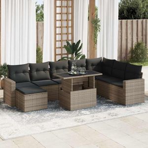 vidaXL 9-delige Loungeset met kussens poly rattan grijs