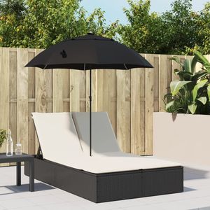 vidaXL Ligbed 2-persoons met kussens en parasol poly rattan zwart