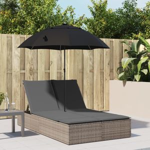 vidaXL - Ligbed - 2-persoons - met - kussens - en - parasol - poly - rattan - grijs