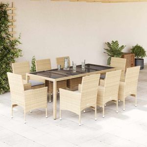 vidaXL 9-delige Tuinset met kussens poly rattan en glas beige