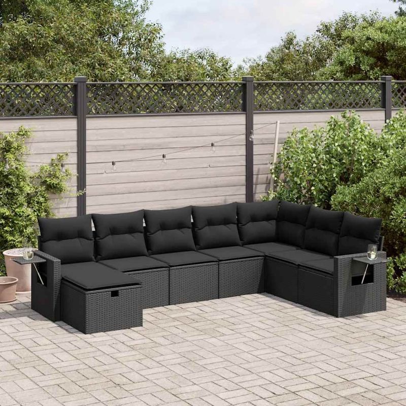 vidaXL - 8-delige - Loungeset - met - kussens - poly - rattan - zwart