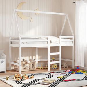 vidaXL - Halfhoogslaper - met - ladder - en - bedhuis - grenenhout - witx190 - cm
