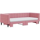 vidaXL Slaapbank onderschuifbed en matrassen 90x200 cm fluweel roze