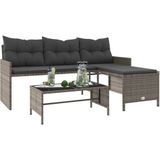 vidaXL Tuinbank met tafel en kussens L-vormig poly rattan grijs