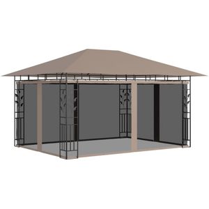 <p>Op zoek naar een luifel voor buitenactiviteiten? Dit tuinprieel is perfect om optimaal van je tuin te genieten. Het frame is gemaakt van stevig staal, waardoor het duurzaam en stabiel is. De stoffen luifel beschermt je tegen de zon, zodat je comfortabel buiten kunt zijn. Daarnaast is deze tent voorzien van muskietennetten, waardoor je beschermd bent tegen insecten en muggen. Zo kun je ongestoord genieten van je tijd in de tuin.</p>
<p>Dit prieel kan ook snel worden geïnstalleerd. Let wel op: gebruik dit product nooit in slechte weersomstandigheden, zoals sterke wind, zware regen, sneeuw of storm.</p>
<p>Specificaties:</p>
<ul>
  <li>Kleur: taupe</li>
  <li>Materiaal: gepoedercoat staal en stof (100% polyester)</li>
  <li>Totale afmetingen: 4 x 3 x 2,73 m (L x B x H)</li>
  <li>Stofgewicht: 180 g/m²</li>
  <li>Met klamboes</li>
  <li>Frame met bloem- en bladornamenten</li>
  <li>Montage vereist</li>
</ul>