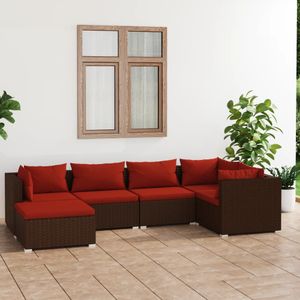 VidaXL 6-delige Loungeset met Kussens - Poly Rattan Bruin