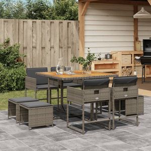 vidaXL 9-delige Tuinset met kussens poly rattan grijs