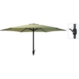 <p>Geniet van je buitenruimte zonder door de zon gestoord te worden met deze ProGarden parasol Monica in je tuin of op je terras. De parasol heeft een gepoedercoat aluminium paal en 6 stalen baleinen, waardoor hij stevig en duurzaam is. Hij beschermt je tegen zowel schadelijke uv-stralen als regen.</p>
<p>De tuinparasol is eenvoudig te openen en te sluiten dankzij het zwengelmechanisme. Daarnaast is de parasol voorzien van een kantelfunctie waardoor hij traploos verstelbaar is. Deze parasol is een praktische en decoratieve aanvulling op je buitenruimte.</p>
<ul>
  <li>Kleur: groen</li>
  <li>Materiaal: polyester en aluminium</li>
  <li>Afmetingen: 270 x 245 cm (ø x H)</li>
  <li>Diameter paal: 38 mm</li>
  <li>Afmetingen balein: 18 x 12 mm (L x B)</li>
  <li>Stofdichtheid: 160 g/m²</li>
  <li>Paal met matgrijze poedercoating</li>
  <li>Met zwengelsysteem en windvanger</li>
  <li>Met kantelfunctie</li>
  <li>Inclusief 6 stalen baleinen</li>
  <li>Waterafstotend</li>
  <li>Zonder volant</li>
</ul>