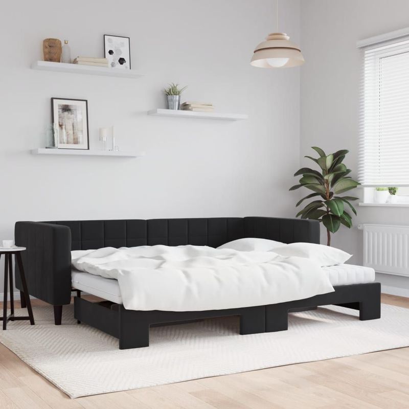 vidaXL-Slaapbank-onderschuifbed-en-matrassen-90x200-cm-fluweel-zwart
