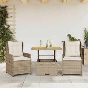 vidaXL 3-delige Bistroset met kussens poly rattan beige