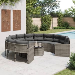 vidaXL - Tuinbank - met - tafel - en - kussens - rond - poly - rattan - grijs
