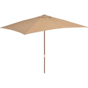 <p>Deze elegante houten parasol is perfect om schaduw te creëren en jezelf te beschermen tegen schadelijke uv-straling. Het parasoldoek is gemaakt van uv-beschermend en anti-vervagend polyester, waardoor het optimale bescherming biedt en gemakkelijk schoon te maken is.</p>
<p>Met een paaldiameter van 38 mm kan de parasol in een bestaande voet of in het midden van een tafel geplaatst worden. De sterke houten paal en de 6 duurzame baleinen zorgen voor stabiliteit en duurzaamheid.</p>
<p>De tuinparasol kan eenvoudig geopend en gesloten worden dankzij het eenvoudige katrolsysteem. Het product is ook eenvoudig te monteren.</p>
<p>Let op, wij adviseren om het doek te behandelen met een waterdichtmakende spray als het wordt blootgesteld aan zware regenval.</p>
<ul>
  <li>Kleur doek: taupe</li>
  <li>Materiaal frame: gelamineerd bamboe en hardhout</li>
  <li>Materiaal hoes: stof</li>
  <li>Totale afmetingen: 200 x 300 x 250 cm (B x D x H)</li>
  <li>Diameter paal: 38 mm</li>
  <li>Met ventilatiegat</li>
  <li>Met 6 baleinen</li>
  <li>Beschikt over een enkelvoudig katrolsysteem</li>
  <li>Materiaal: Polyester: 100%</li>
</ul>