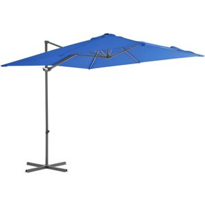 <p>Deze elegante hangende parasol is de perfecte keuze om wat schaduw te creëren en jezelf te beschermen tegen de schadelijke uv-straling van de zon. Het parasoldoek is gemaakt van uv-beschermend en anti-vervagend polyester, waardoor het je optimale bescherming tegen de zon biedt en gemakkelijk schoon te maken is.</p>
<p>De parasol beschikt over een stevige kruisvoet die bijdraagt aan de stabiliteit. Het exclusieve ontwerp van deze parasol stelt je in staat om de parasol te kantelen en 360 graden te draaien om zo de zon te kunnen blokkeren. De sterke stalen paal, samen met de 8 duurzame baleinen, maakt de parasol zeer stabiel en duurzaam.</p>
<p>Deze tuinparasol kan eenvoudig geopend en gesloten worden dankzij het zwengelmechanisme. Let op, wij adviseren om het doek te behandelen met een waterdichtmakende spray als hij wordt blootgesteld aan zware regenval.</p>
<ul>
  <li>Kleur doek: azuurblauw</li>
  <li>Materiaal: stof en gepoedercoat staal</li>
  <li>Totale afmetingen: 250 x 250 x 247 cm (L x B x H)</li>
  <li>Afmetingen kruisvoet: 100 x 100 cm (L x B)</li>
  <li>Met luchtventilatie en zwengelsysteem</li>
  <li>Kantelbaar en 360 graden draaibaar</li>
  <li>Inclusief 8 stalen baleinen</li>
</ul>