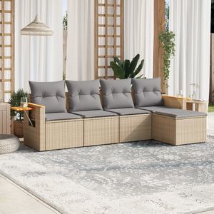 vidaXL 5-delige Loungeset met kussens poly rattan beige