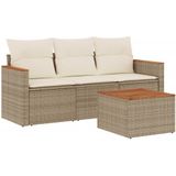 vidaXL 4-delige Loungeset met kussens poly rattan beige