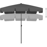 <p>Deze strandparasol is gemaakt van uv-beschermend en anti-vervagend polyester, waardoor het perfect is om schadelijke uv-stralen van de zon tegen te houden. De stevige baleinen zorgen voor goede ondersteuning van het doek. Deze paraplu kan gemonteerd worden op een bestaande standaard of in het midden van tafels met een parasolgat. Dankzij de kantelfunctie is de parasol in elke richting te verstellen, zodat je optimaal beschermd bent tegen de zon. De ventilatieopening aan de bovenkant bevordert de luchtstroom, waardoor de parasol bestand is tegen harde wind en stabiel blijft.</p>
<ul>
  <li>Kleur: antraciet</li>
  <li>Materiaal: polyester</li>
  <li>Diameter paal: 28 / 32 mm</li>
  <li>Hoogtebereik: 180 - 245 cm</li>
  <li>Oppervlakte paraplu: 200 x 125 cm (L x B)</li>
  <li>Weer- en uv-bestendig</li>
  <li>Kantelend</li>
  <li>Montage vereist</li>
</ul>