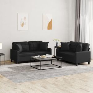 vidaXL 2-delige Loungeset met kussens kunstleer zwart