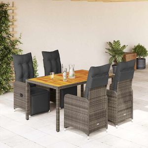 vidaXL 5-delige Bistroset met kussens poly rattan grijs