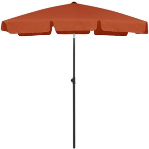 <p>Deze strandparasol is gemaakt van uv-beschermend en anti-vervagend polyester, waardoor het perfect is om schadelijke uv-stralen van de zon tegen te houden. De stevige baleinen zorgen voor goede ondersteuning van het doek. Deze paraplu kan gemonteerd worden op een bestaande standaard of in het midden van tafels met een parasolgat. Dankzij de kantelfunctie is de parasol in elke richting te verstellen, zodat je optimaal beschermd bent tegen de zon. De ventilatieopening aan de bovenkant bevordert de luchtstroom, waardoor de parasol bestand is tegen harde wind en stabiel blijft.</p>
<ul>
  <li>Kleur: terracotta</li>
  <li>Materiaal: polyester</li>
  <li>Diameter paal: 28 / 32 mm</li>
  <li>Totale hoogte: 232 cm</li>
  <li>Oppervlakte paraplu: 180 x 120 cm (L x B)</li>
  <li>Weer- en uv-bestendig</li>
  <li>Kantelend</li>
  <li>Montage vereist</li>
</ul>