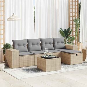 vidaXL 6-delige Loungeset met kussens poly rattan beige