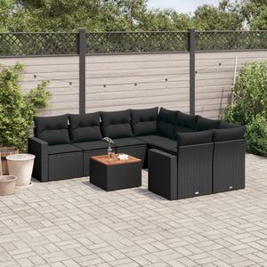 vidaXL 9-delige Loungeset met kussens poly rattan zwart