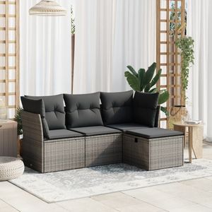 vidaXL 4-delige Loungeset met kussens poly rattan grijs