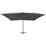 <p>Deze elegante hangende houten parasol is de perfecte keuze om wat schaduw te creëren en jezelf te beschermen tegen schadelijke UV-straling. Het parasoldoek is gemaakt van UV-beschermend en anti-vervagend polyester, waardoor het je optimaal tegen de zon beschermt en gemakkelijk schoon te maken is.</p>
<p>De parasol wordt geleverd met een stevige kruisvoet voor extra stabiliteit. De sterke houten paal en de 8 duurzame baleinen maken de parasol zeer stabiel en duurzaam. Dankzij het zwengelmechanisme kan de tuinparasol eenvoudig geopend en gesloten worden.</p>
<p>Het product is eenvoudig te monteren. Let op, wij adviseren om het doek te behandelen met een waterdichtmakende spray als het wordt blootgesteld aan zware regenval.</p>
<ul>
  <li>Kleur doek: antraciet</li>
  <li>Materiaal frame: gelamineerd bamboe en vurenhout</li>
  <li>Materiaal hoes: stof</li>
  <li>Totale afmetingen: 400 x 300 x 285 cm (L x B x H)</li>
  <li>Afmetingen kruisvoet: 100 x 100 cm (L x B)</li>
  <li>Met luchtventilatie en zwengelsysteem</li>
  <li>Met 8 baleinen</li>
  <li>Materiaal: Polyester: 100%</li>
</ul>