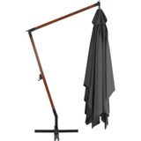 <p>Deze elegante hangende houten parasol is de perfecte keuze om wat schaduw te creëren en jezelf te beschermen tegen schadelijke UV-straling. Het parasoldoek is gemaakt van UV-beschermend en anti-vervagend polyester, waardoor het je optimaal tegen de zon beschermt en gemakkelijk schoon te maken is.</p>
<p>De parasol wordt geleverd met een stevige kruisvoet voor extra stabiliteit. De sterke houten paal en de 8 duurzame baleinen maken de parasol zeer stabiel en duurzaam. Dankzij het zwengelmechanisme kan de tuinparasol eenvoudig geopend en gesloten worden.</p>
<p>Het product is eenvoudig te monteren. Let op, wij adviseren om het doek te behandelen met een waterdichtmakende spray als het wordt blootgesteld aan zware regenval.</p>
<ul>
  <li>Kleur doek: antraciet</li>
  <li>Materiaal frame: gelamineerd bamboe en vurenhout</li>
  <li>Materiaal hoes: stof</li>
  <li>Totale afmetingen: 400 x 300 x 285 cm (L x B x H)</li>
  <li>Afmetingen kruisvoet: 100 x 100 cm (L x B)</li>
  <li>Met luchtventilatie en zwengelsysteem</li>
  <li>Met 8 baleinen</li>
  <li>Materiaal: Polyester: 100%</li>
</ul>