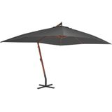 <p>Deze elegante hangende houten parasol is de perfecte keuze om wat schaduw te creëren en jezelf te beschermen tegen schadelijke UV-straling. Het parasoldoek is gemaakt van UV-beschermend en anti-vervagend polyester, waardoor het je optimaal tegen de zon beschermt en gemakkelijk schoon te maken is.</p>
<p>De parasol wordt geleverd met een stevige kruisvoet voor extra stabiliteit. De sterke houten paal en de 8 duurzame baleinen maken de parasol zeer stabiel en duurzaam. Dankzij het zwengelmechanisme kan de tuinparasol eenvoudig geopend en gesloten worden.</p>
<p>Het product is eenvoudig te monteren. Let op, wij adviseren om het doek te behandelen met een waterdichtmakende spray als het wordt blootgesteld aan zware regenval.</p>
<ul>
  <li>Kleur doek: antraciet</li>
  <li>Materiaal frame: gelamineerd bamboe en vurenhout</li>
  <li>Materiaal hoes: stof</li>
  <li>Totale afmetingen: 400 x 300 x 285 cm (L x B x H)</li>
  <li>Afmetingen kruisvoet: 100 x 100 cm (L x B)</li>
  <li>Met luchtventilatie en zwengelsysteem</li>
  <li>Met 8 baleinen</li>
  <li>Materiaal: Polyester: 100%</li>
</ul>