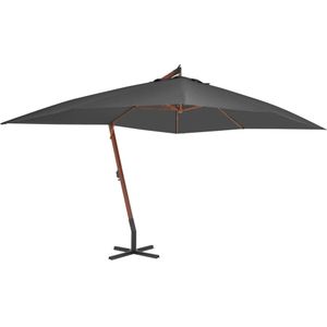 <p>Deze elegante hangende houten parasol is de perfecte keuze om wat schaduw te creëren en jezelf te beschermen tegen schadelijke UV-straling. Het parasoldoek is gemaakt van UV-beschermend en anti-vervagend polyester, waardoor het je optimaal tegen de zon beschermt en gemakkelijk schoon te maken is.</p>
<p>De parasol wordt geleverd met een stevige kruisvoet voor extra stabiliteit. De sterke houten paal en de 8 duurzame baleinen maken de parasol zeer stabiel en duurzaam. Dankzij het zwengelmechanisme kan de tuinparasol eenvoudig geopend en gesloten worden.</p>
<p>Het product is eenvoudig te monteren. Let op, wij adviseren om het doek te behandelen met een waterdichtmakende spray als het wordt blootgesteld aan zware regenval.</p>
<ul>
  <li>Kleur doek: antraciet</li>
  <li>Materiaal frame: gelamineerd bamboe en vurenhout</li>
  <li>Materiaal hoes: stof</li>
  <li>Totale afmetingen: 400 x 300 x 285 cm (L x B x H)</li>
  <li>Afmetingen kruisvoet: 100 x 100 cm (L x B)</li>
  <li>Met luchtventilatie en zwengelsysteem</li>
  <li>Met 8 baleinen</li>
  <li>Materiaal: Polyester: 100%</li>
</ul>