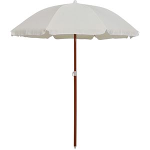 <p>Deze elegante parasol beschermt je tegen schadelijke uv-stralen en biedt perfecte schaduw. Hij is gemaakt van uv-beschermend en anti-vervagend polyester, waardoor hij lang meegaat. De parasolhoes zorgt voor optimale bescherming tegen de zon en is gemakkelijk schoon te maken.</p>
<p>De sterke stalen paal met houtkleurige coating en 8 baleinen maken de parasol stabiel en duurzaam. Je kunt erop vertrouwen dat hij stevig blijft staan, zelfs op winderige dagen.</p>
<p>Let op, wij adviseren om het parasoldoek te behandelen met een waterdichtmakende spray als hij wordt blootgesteld aan zware regenval. Zo blijft de parasol in optimale conditie en kun je er langer van genieten.</p>
<ul>
  <li>Kleur: zand</li>
  <li>Materiaal: stof (100% polyester) en staal</li>
  <li>Totale afmetingen: 155 x 190 cm (ø x H)</li>
  <li>Diameter circulair: 180 cm</li>
  <li>Diameter paal: 28 / 32 mm</li>
  <li>Uv-beschermend en waterbestendig</li>
</ul>
<p>Met deze parasol ben je verzekerd van een comfortabele en veilige plek in de schaduw. Geniet van de zomer zonder je zorgen te maken over schadelijke uv-stralen. Bestel nu en profiteer van de vele voordelen die deze parasol te bieden heeft!</p>