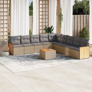 vidaXL 10-delige Loungeset met kussens poly rattan beige